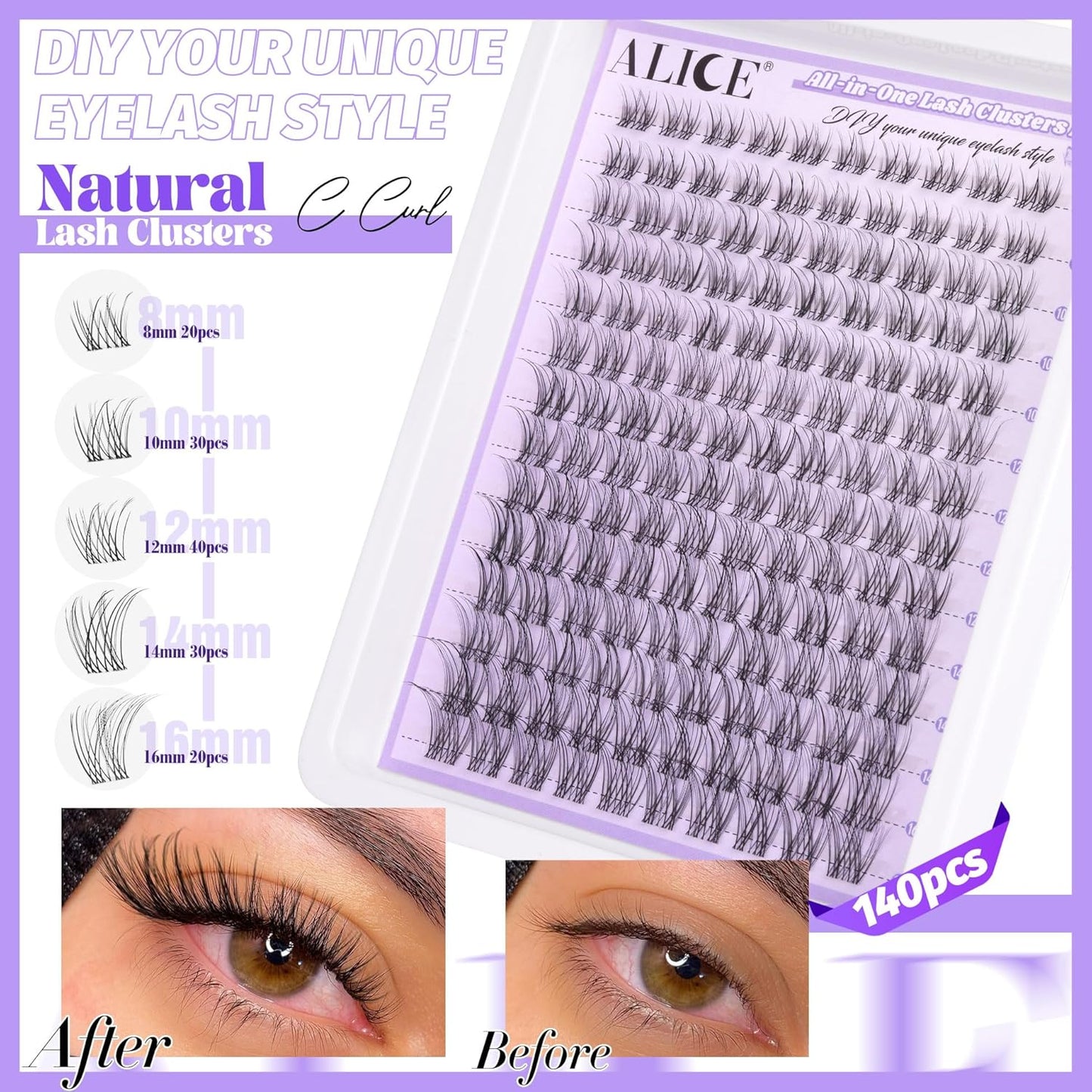 Natural Wispy Lash Extension Kit | 140pcs Clear Band Cluster Lashes for DIY