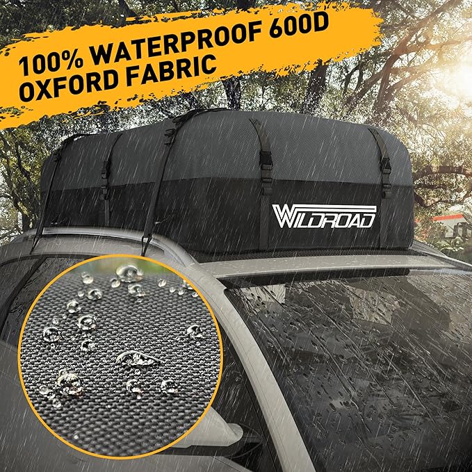 Rooftop Cargo Carrier Bag, WILDROAD 21 Cubic Feet 600D Ultra Anti-Tear Fabric Waterproof Car Roof Bag, Soft-Shell Roof Bag with Storage Bag, Anti-Slip Mat and 6 Door Hooks Fits Car with/Without Racks