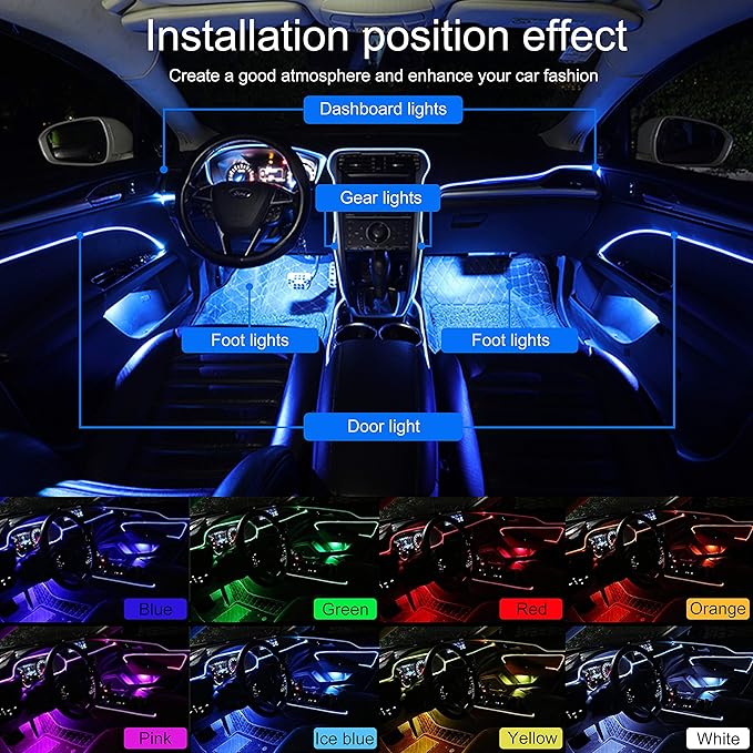 Car Interior Strip Lights, 4 in 1 Multicolor RGB Car Ambient Lighting Kit, 4m Fiber Optic EL Neon Tube Light, DIY Mode Music Sync APP Control DC 12V