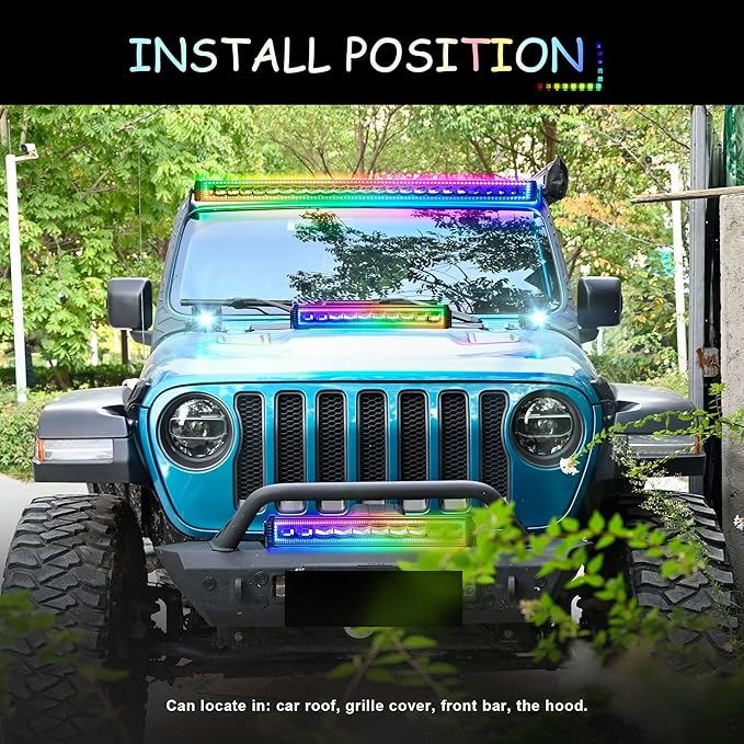 50" RGB LED Light Bar 2Pcs 4" Flood LED Pods with Multi-Color Chasing RGB Halo 16 Solid Colors Over 92 Flashing Modes Offroad Lights Driving Lamp Fog Lights with Switch Wiring Harness