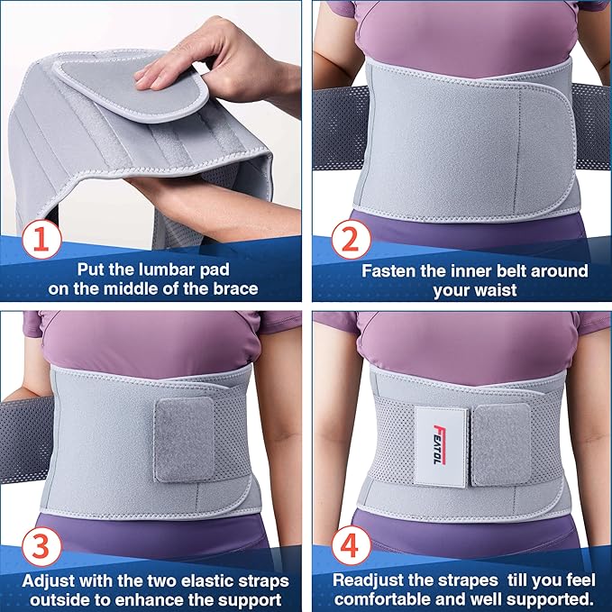 FEATOL Back Brace for Lower Back Pain Women, Breathable Back Support Belt for Women & Men with Lumbar Pad, Lumbar Support Belt for Heavy Lifting & Work, Scoliosis, Grey, 4XL (Circumference:63-68")