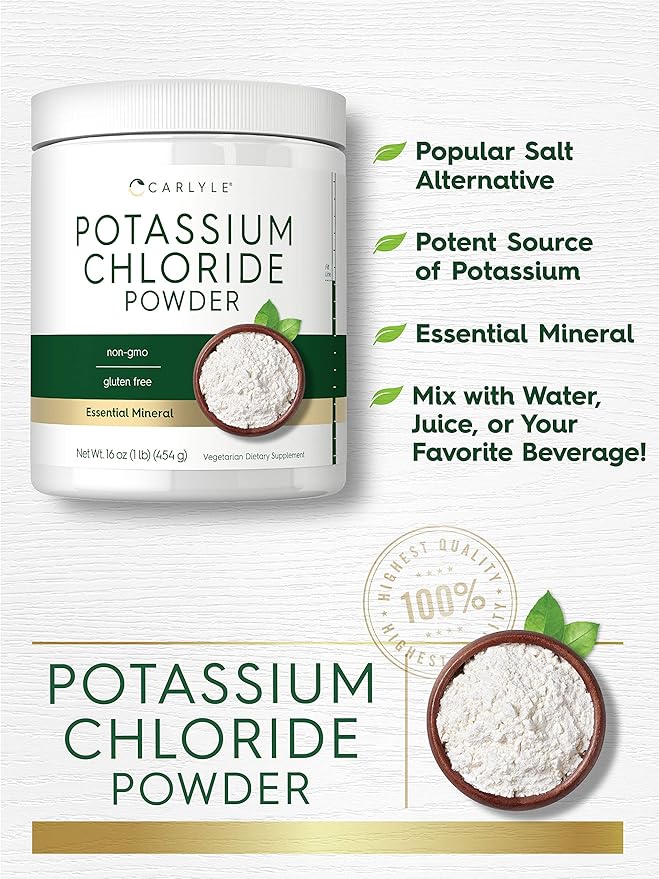 Carlyle Potassium Chloride Powder Supplement 16 oz | Food Grade | Salt Substitute | Vegan, Vegetarian, Non-GMO, Gluten Free