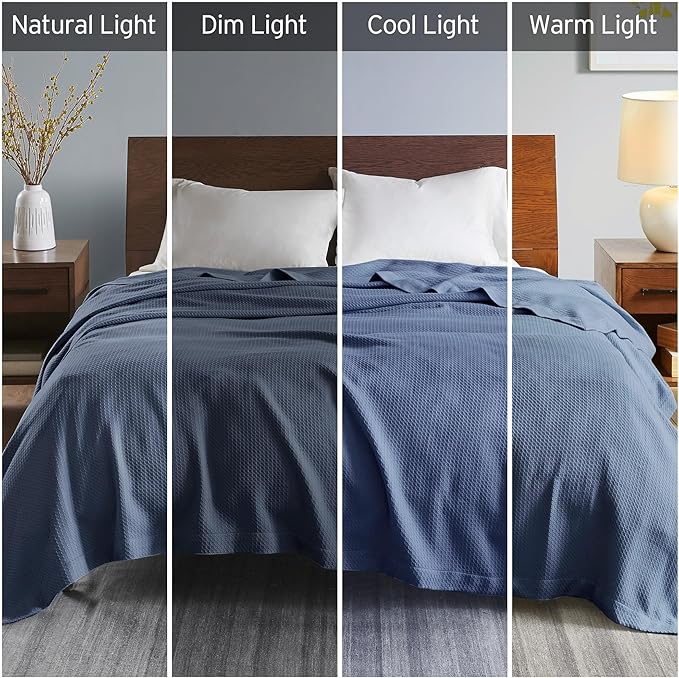 Madison Park Soft Certified 100% Egyptian Cotton Breathable Cozy Blanket, Premium Waffle Knit Classic Design, Luxury All Season Lightweight Cover for Bed, Couch and Sofa, Blue Full/Queen(90"x90")