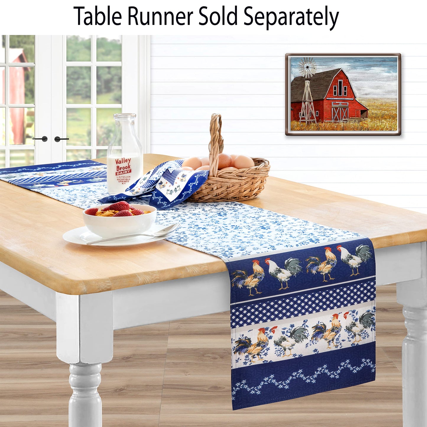 Home Bargains Plus Oval Fabric Tablecloth, 60 x 84 Inch, Blue Provence Rooster, Wrinkle, Water and Stain Resistant Country Provence Table Cloth, Farm