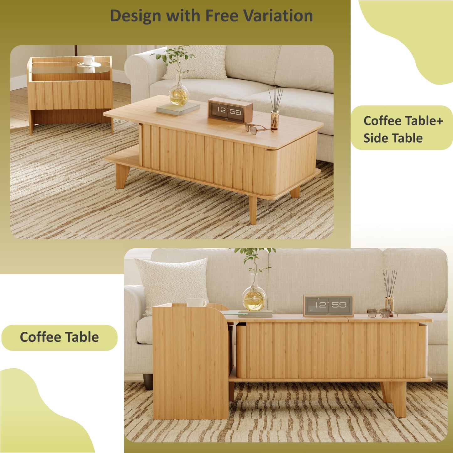 Jartoil Extendable Coffee Table with Storage, Wood Coffee Table with Hidden Compartment, Expandable Coffee Tables with Side Table for Living Home(Natural)