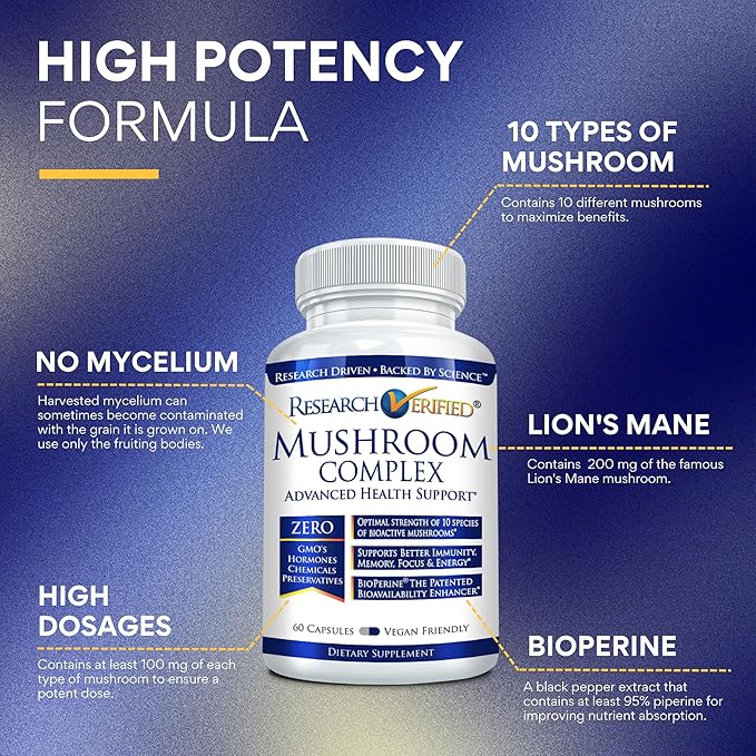 Research Verified Mushroom Complex - Support Immunity, Boost Antioxidants, Improve Cognitive Function - 10 Mushrooms Including Reishi, Maitake, and Shiitake - 360 Capsules - Vegan