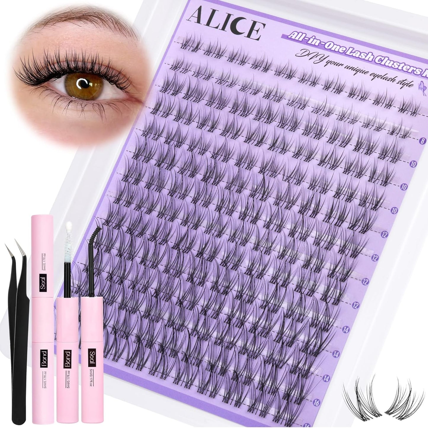 ALICE DIY Eyelash Extension Kit | 196pcs Natural Wispy Clusters | 10-18mm