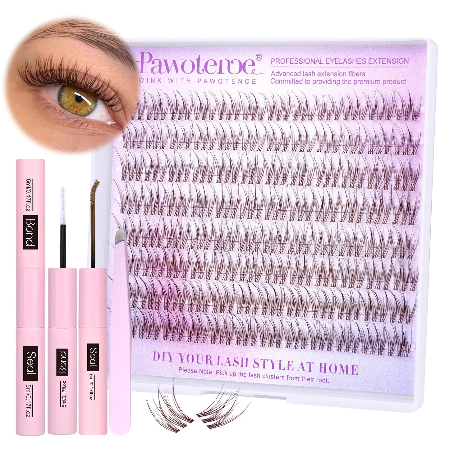 Pawotence Brown Lash Extension Kit Lash Clusters Wispy Invisible Band 10-12Mm Individual Lashes Natural Brown Clusters Eyelash E