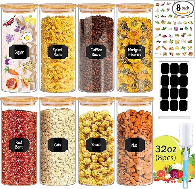 BGraceyy 32 oz 8 Pcs Glass Jars with Bamboo Lids, Stackable Clear Food Storage Jars, Airtight Kichen Glass Pantry Storage Containers with Lids for Rice, Candy, Sugar, Flour, Nuts, Cookie, Coffee Bean