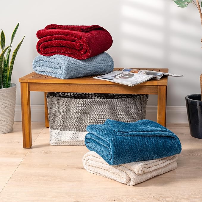 PAVILIA Soft Fleece Dusty Blue Throw Blanket for Couch, Lightweight Plush Warm Blankets for Bed, Fuzzy Cozy Flannel Blanket Throw for Sofa, Travel, Jacquard Pattern, Dusty Blue, 50x60 inch