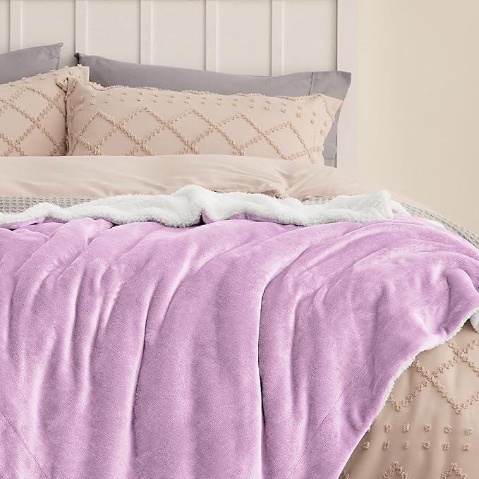 Bedsure Sherpa Fleece Blankets Queen Size for Bed - Thick and Warm, Soft Fuzzy Plush Queen Blanket for Winter, Lilac, 90x90 Inches