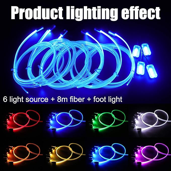 8 Meters Optic Fiber Car Ambient Footwell Lighting with Bluetooth App Control 64 Colors Multicoloured Music Interior Lighting Kit DC 12V 1W