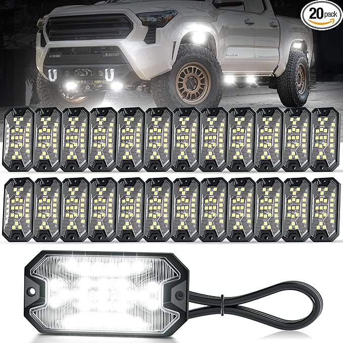 20 Pods Pure White Rock Lights 6000K Pure White 27 LEDs Super Bright LED Underglow Neon Light, 10m Extension Wire, IP68 Waterproof for Trucks Pickup SUV UTV ATV RZR Car Boats