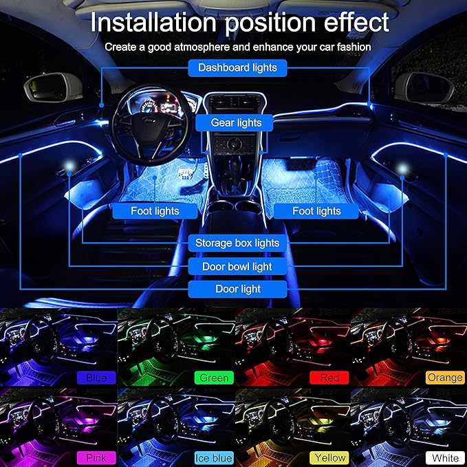 64 Colors Car Ambient Lighting Fiber Optic APP Control Multicoloured Music Car Atmosphere Decorative Lighting Kit 1W DC 12V-24V 4m