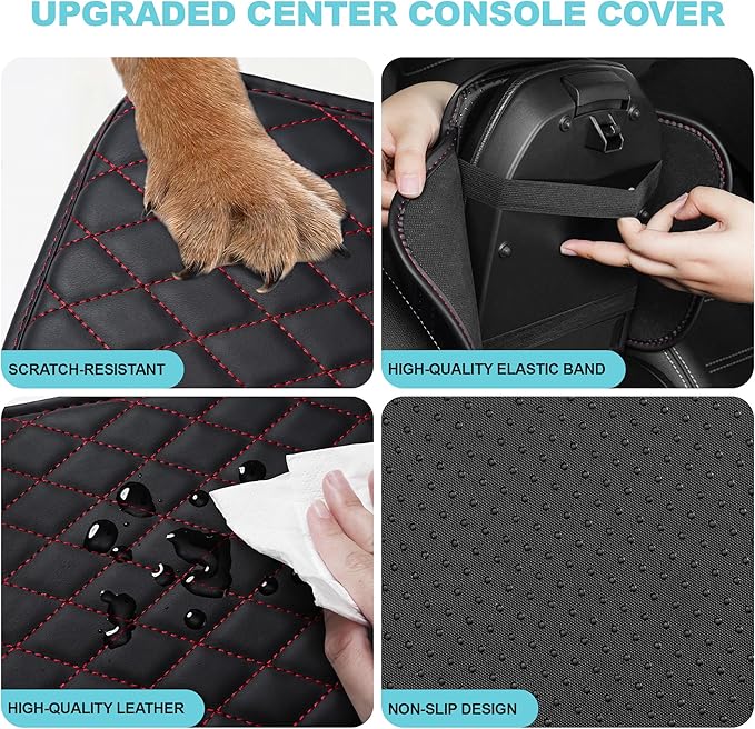 Center Console Cover Fit for Kia Soul 2010-2025 with 2 Storage Bags Waterproof Leather Quilted Pattern Car Armrest Cover Cushion Anti - Slip(Black&Red Line)