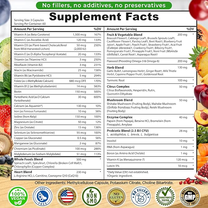 Vegan Whole Food Daily Multivitamin with Iron, Methylated Multivitamin for Women and Men, Made with Fruits & Vegetables, B-Complex, Probiotics, Enzymes, CoQ10, Omegas, Turmeric, Non-GMO, 180 Count