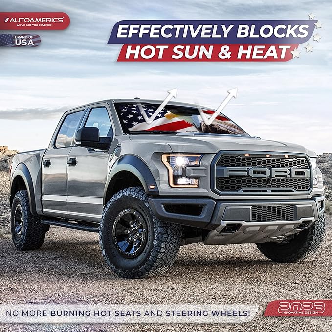 Autoamerics 1-Piece Windshield Sun Shade American Eagle Flag - 2 USA Patriotic Design - Foldable Car Front Window Sunshade for Sedans SUV Truck - Blocks Max UV Rays and Keeps Your Vehicle Cool - Small