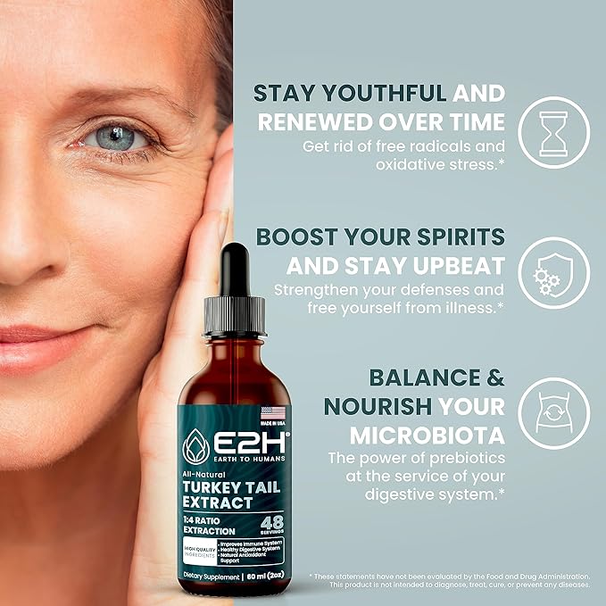 E2H Turkey Tail Mushroom Extract - All-Natural Immune System & Digestive Support from Advanced Mushroom Supplement - Turkey Tail Mushrooms Supplement - Non-GMO, Vegan (2 Bottles)