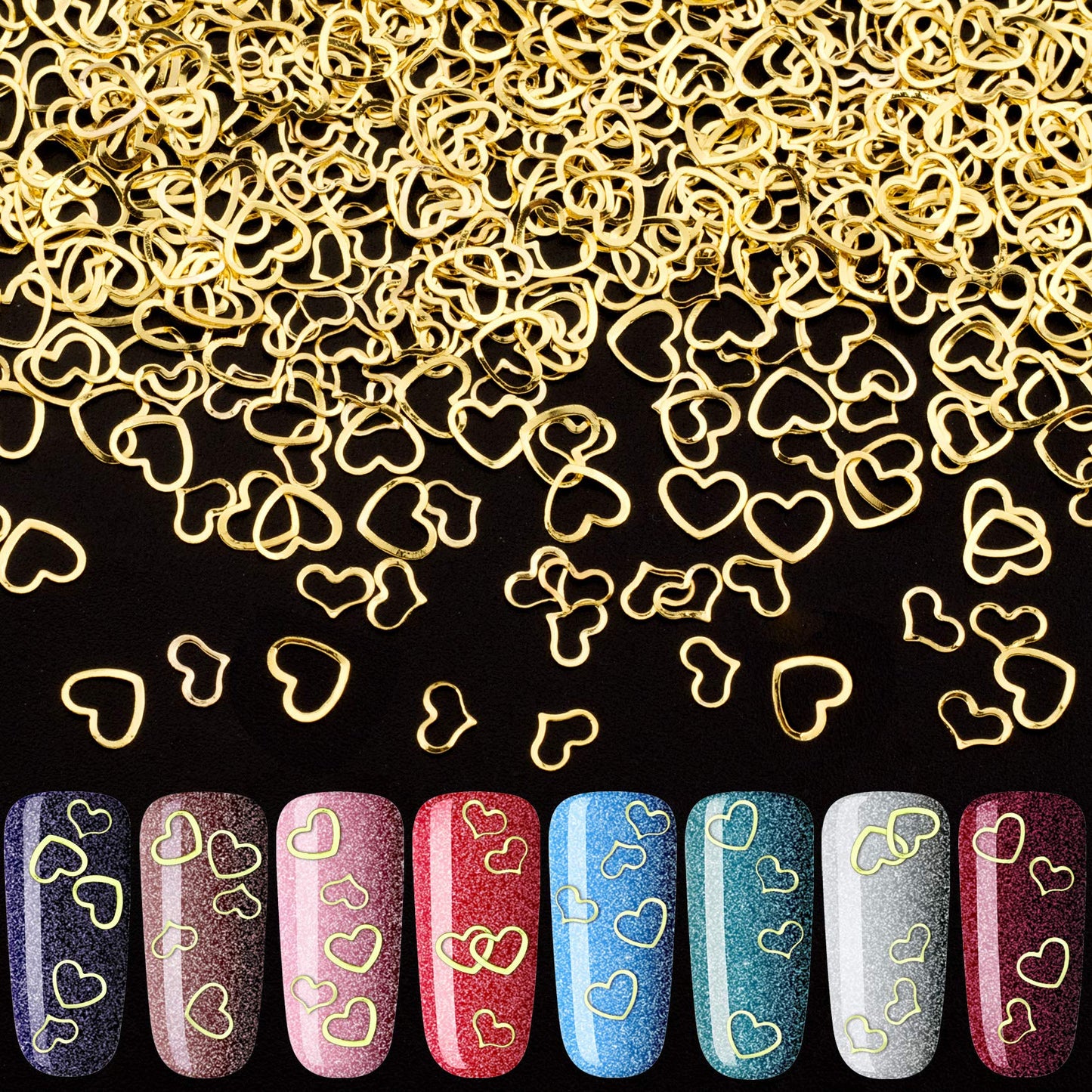 Pagow 1000Pcs 3D Gold Heart Nail Art Metal Charm Kit Love Small Metallic Diy Studs Sequins Valentine Decoration Spring Summer Ac