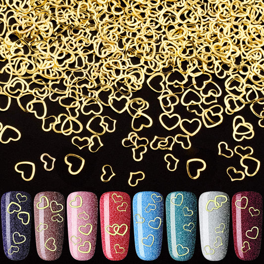 Pagow 1000Pcs 3D Gold Heart Nail Art Metal Charm Kit Love Small Metallic Diy Studs Sequins Valentine Decoration Spring Summer Ac