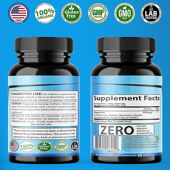 Magnesium Complex | 470mg of Magnesium Glycinate, Malate, & Citrate for Muscles, Nerves, & Energy | High Absorption | Vegan, Non-GMO | 120 Capsules