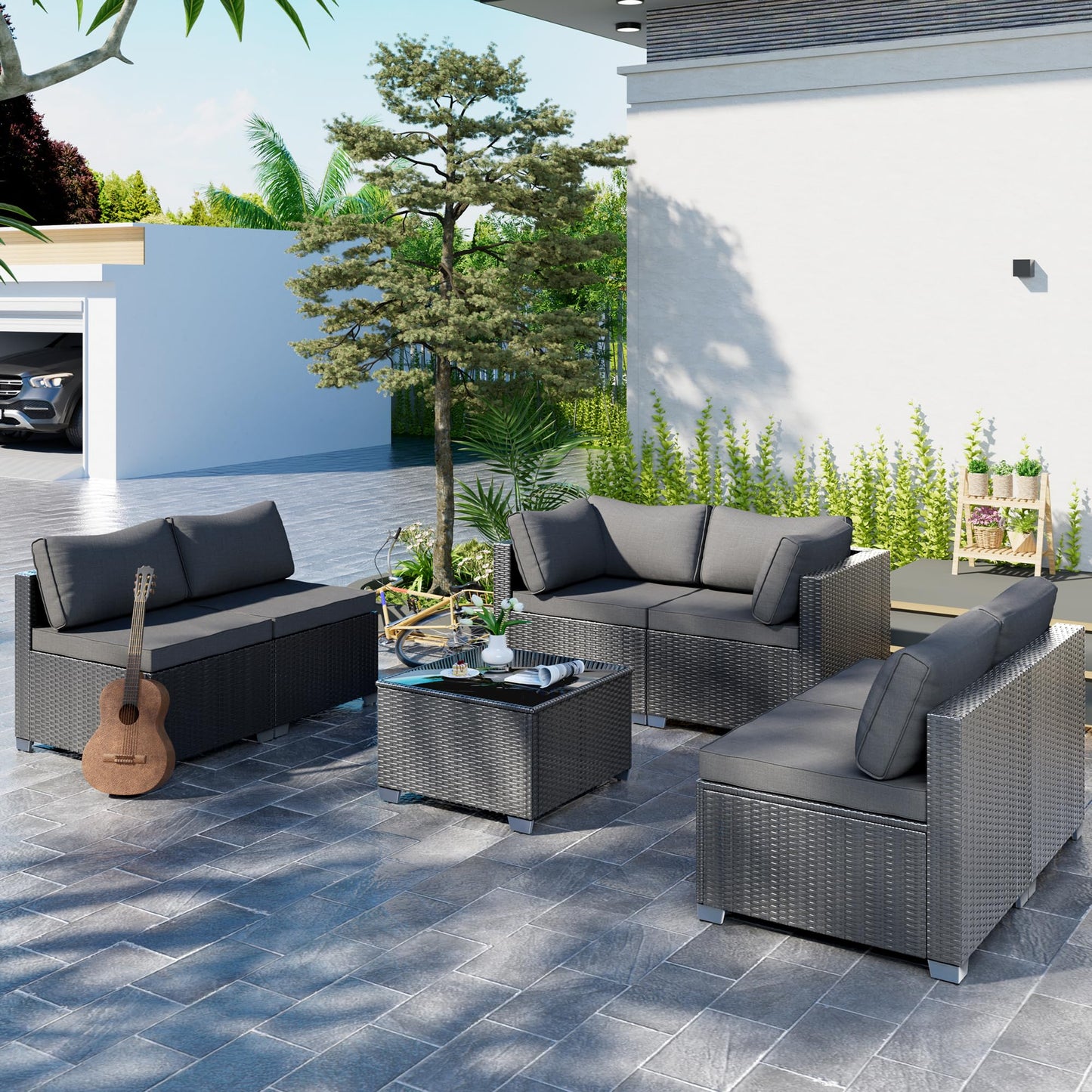 ELEGIBLISS 7 Pcs Patio Sectional Sofa - Outdoor Conversation Set PE Wicker Rattan Furniture with Coffee Table Patio Furniture for Porch Poolside Backyard Garden Modular Sofa Black Rattan