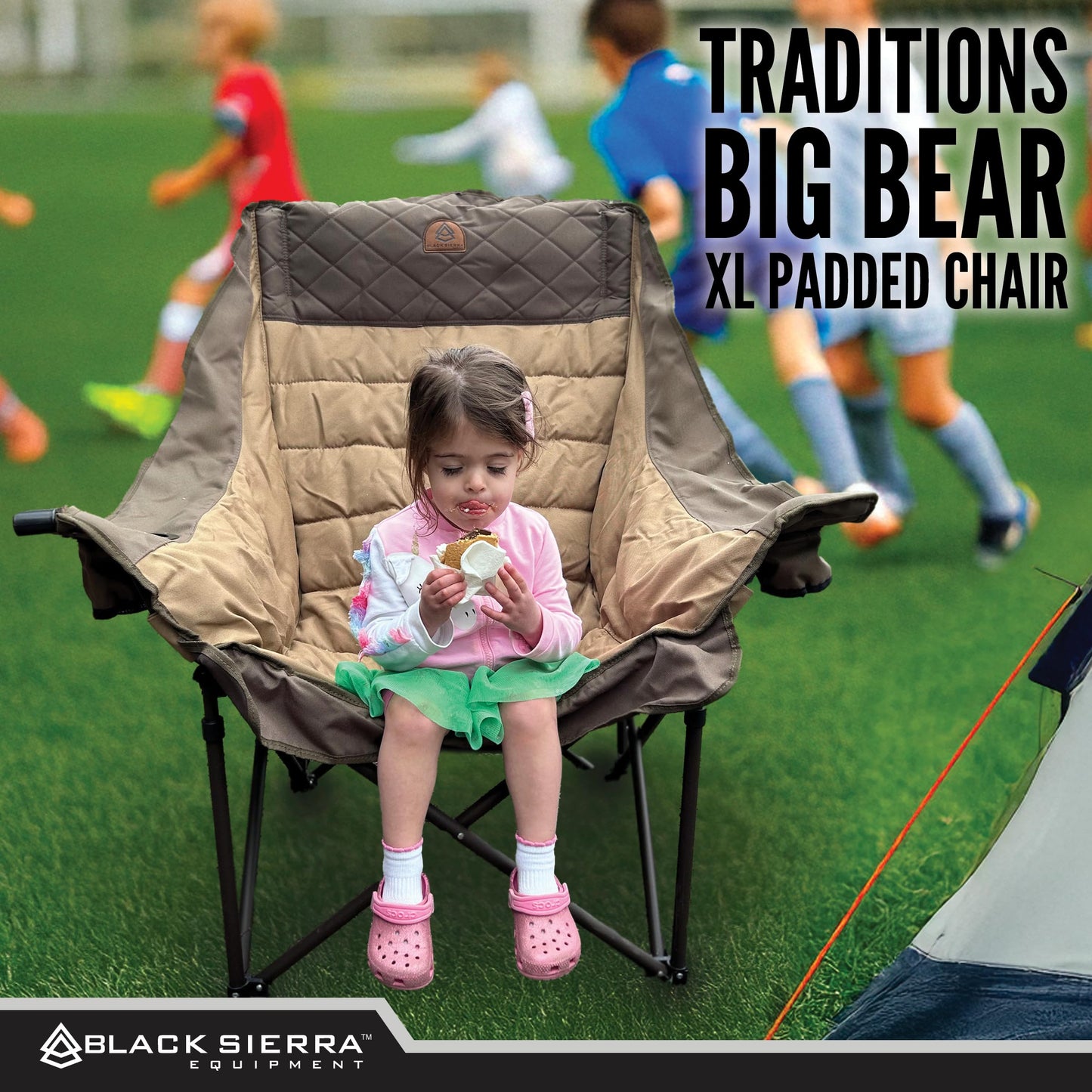 Black Sierra Deluxe Padded Camping Chair for Sports & Outdoors, Oversize XL Outdoor Folding Chair Supports 400 lbs, Heavy Duty Seat w/Dual Cup Holders/Carry Bag Perfect for RV, Tailgating, Glamping