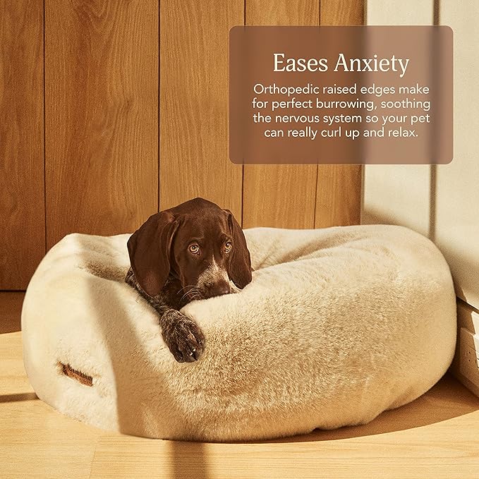 UnHide Floof Pet Bed - Medium (28" x 10") - Extra Soft Dog Bed - Removable Faux Fur Cover - Machine Washable - Helps Ease Pet Anxiety & Provides The Perfect Sleep - Beige Bear