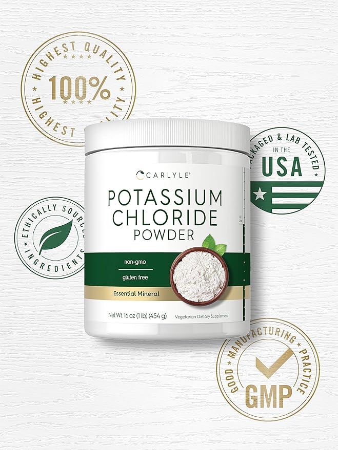 Carlyle Potassium Chloride Powder Supplement 16 oz | Food Grade | Salt Substitute | Vegan, Vegetarian, Non-GMO, Gluten Free