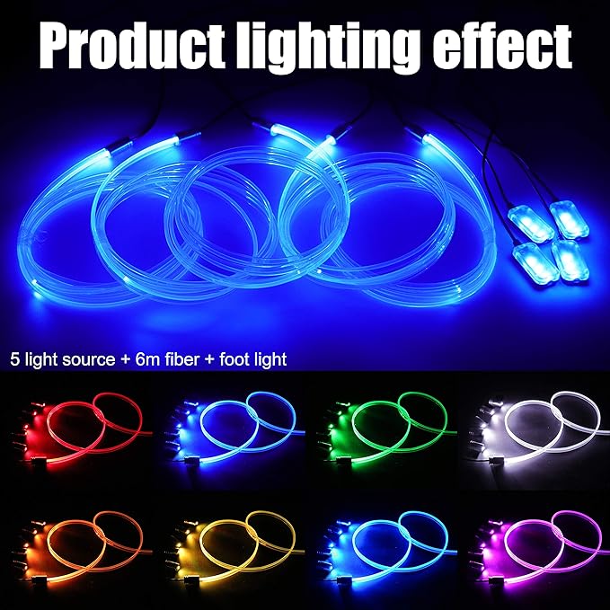 6 Meters Optic Fiber Car Ambient Lighting with RF Remote Control 64 Colors Multicoloured Music Interior Footwell Lighting Kit DC 12V 1W