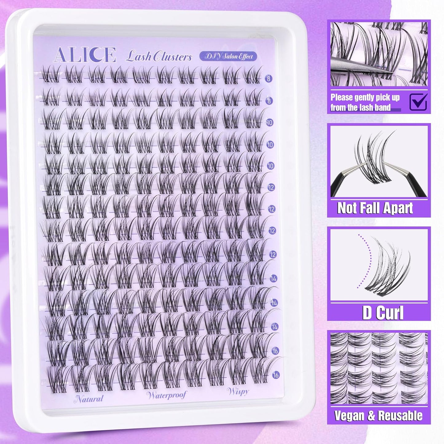 ALICE DIY Eyelash Extension Kit | 196pcs Natural Wispy Clusters | 10-18mm