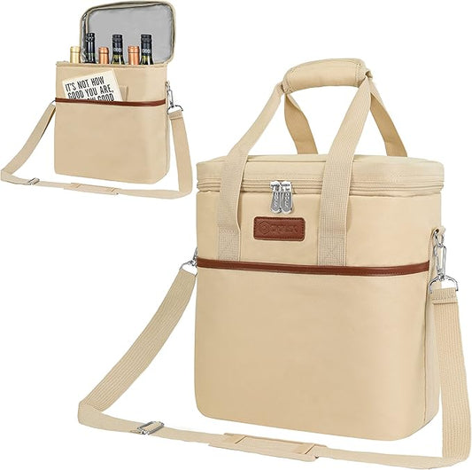 Opux 6 Bottle Carrier Tote | Insulated Padded Cooler Bag for Travel, Picnic, BYOB | Portable Leakproof Wine Tote for Dinner, Party, Christmas, Gift for Women, Men (Cream Beige)