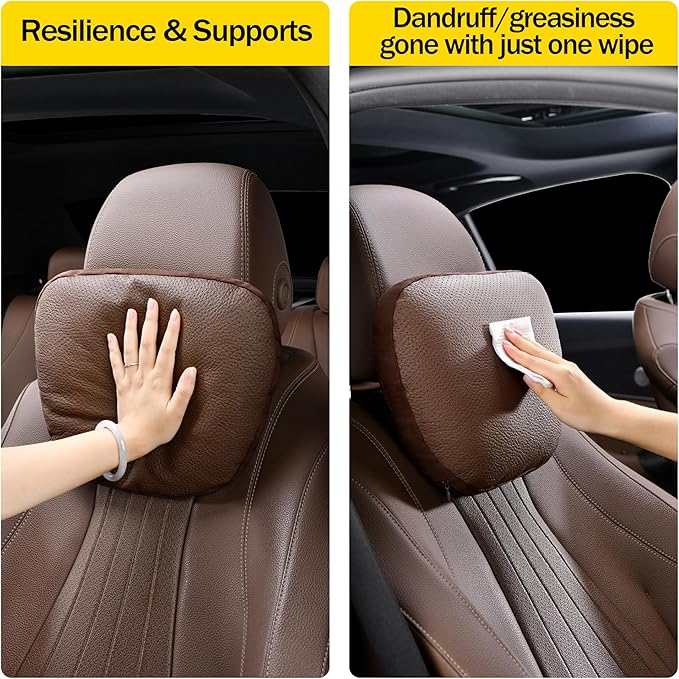 Genuine Leather Car Neck Pillow for headrest,Support Drive Seats Head Cushion,Real Cow Leather,11.8x7.5”,Plant-Based Polyester,Thickness & Height Adjustable,Inner Liner fillable(Black,1p)