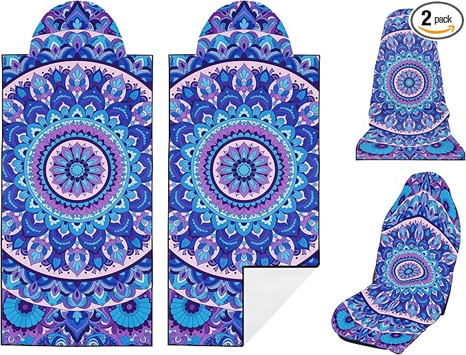 2 Pack Car Seat Towel Covers, Sweat Protector for Front Seats, Premium Thickened Microfiber, Mandala, Non-Slip Elastic Strap, Breathable Quick Dry, Machine Washable Cover for Gym Running Universal Fit