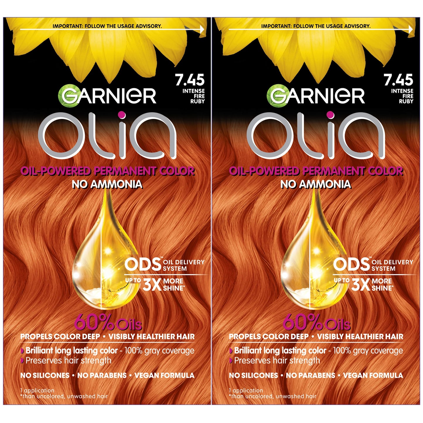 Garnier Hair Color Olia Ammonia-Free Brilliant Color Oil-Rich Permanent Hair Dye, 7.45 Dark Fire Ruby, 2 Count (Packaging May Va