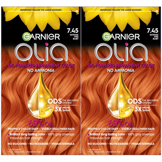 Garnier Hair Color Olia Ammonia-Free Brilliant Color Oil-Rich Permanent Hair Dye, 7.45 Dark Fire Ruby, 2 Count (Packaging May Va