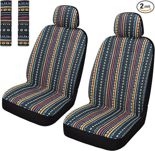 Pariitadin Baja Saddle Blanket Car Seat Covers Front Set with Seat Belt Pads, Washable Breathable Striped Woven Cloth Seat Covers for Cars, Universal Fit Most Cars, Airbag Compatible, Red/Blue