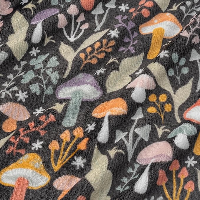Berkshire Blanket-Classic Heavyweight Soft Printed VelvetLoft® Plush Blanket, Full/Queen Size Soft Fuzzy Warm Blanket for Couch Sofa Bed, Mushroom Cutie Charcoal, 90in x 90in