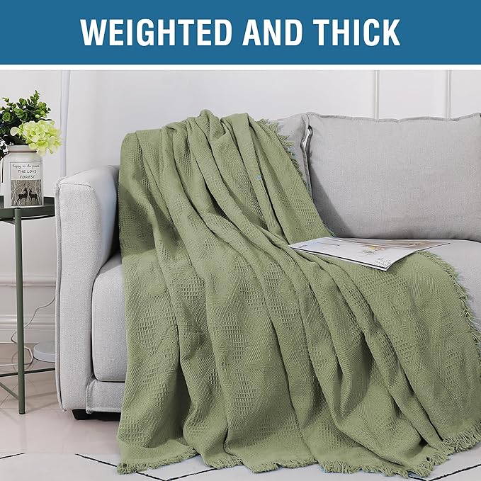 H.VERSAILTEX Cotton Sofa Covers Couch Cover Sofa Slipcover for Most Shape Sofas, Feature Thick Woven Jacquard Seamless with Tassels, Multi-Use Decorative for Couch (Medium: 71" x 91", Sage)