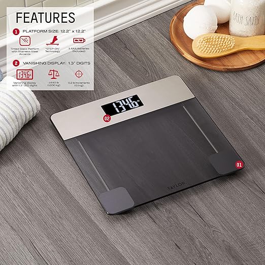 Taylor Digital Glass Bathroom Scale, Scale for Body Weight, Digital Weighing Machine for People, Tinted Glass and Brushed Stainless Steel Accents, 440 lb Capacity, Vanishing LED, Tinted, Clear