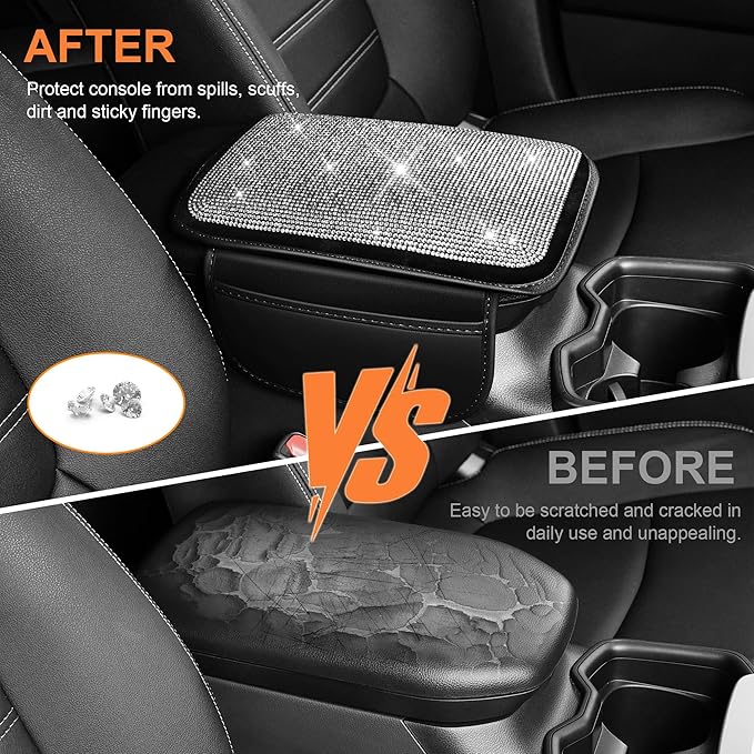 Bling Car Center Console Cover Custom Fit for Jeep Grand Cherokee - Leather Armrest Cover with 2 Storage Pockets and Crystal Rhinestones(Black)