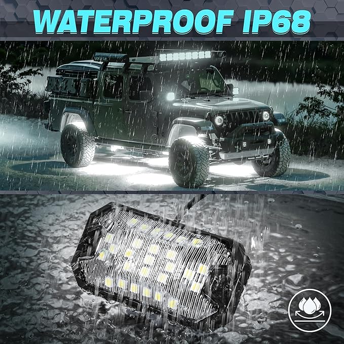 8 Pods Pure White Rock Lights, 6000K Pure White 27 LEDs Super Bright LED Underglow Neon Light, 10m Extension Wire, IP68 Waterproof for Trucks Pickup SUV UTV ATV RZR Car Boats