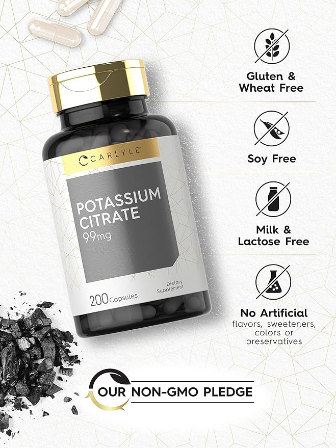 Carlyle Potassium Citrate Supplement | 99mg | 200 Capsules | Non-GMO and Gluten Free