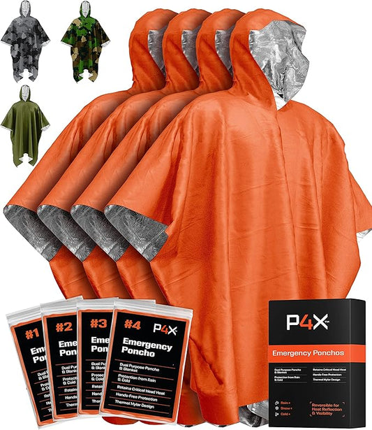 PREPARED4X Emergency Mylar Poncho – Survival Rain Poncho with Hood – Lightweight, Compact, Reusable Emergency Blanket Poncho for Hiking, Camping, Thermal Gear, Car Kit, Outdoors