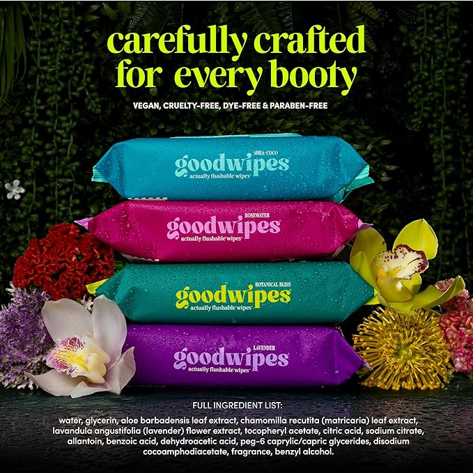goodwipes Flushable Butt Wipes - Vitamin E & Aloe - Sewer & Septic Safe - Extra Large Adult Wet Wipes For Women & Men - Bathroom Essentials - Shea-Coco, 318 Count (6 Packs + 1 Travel)