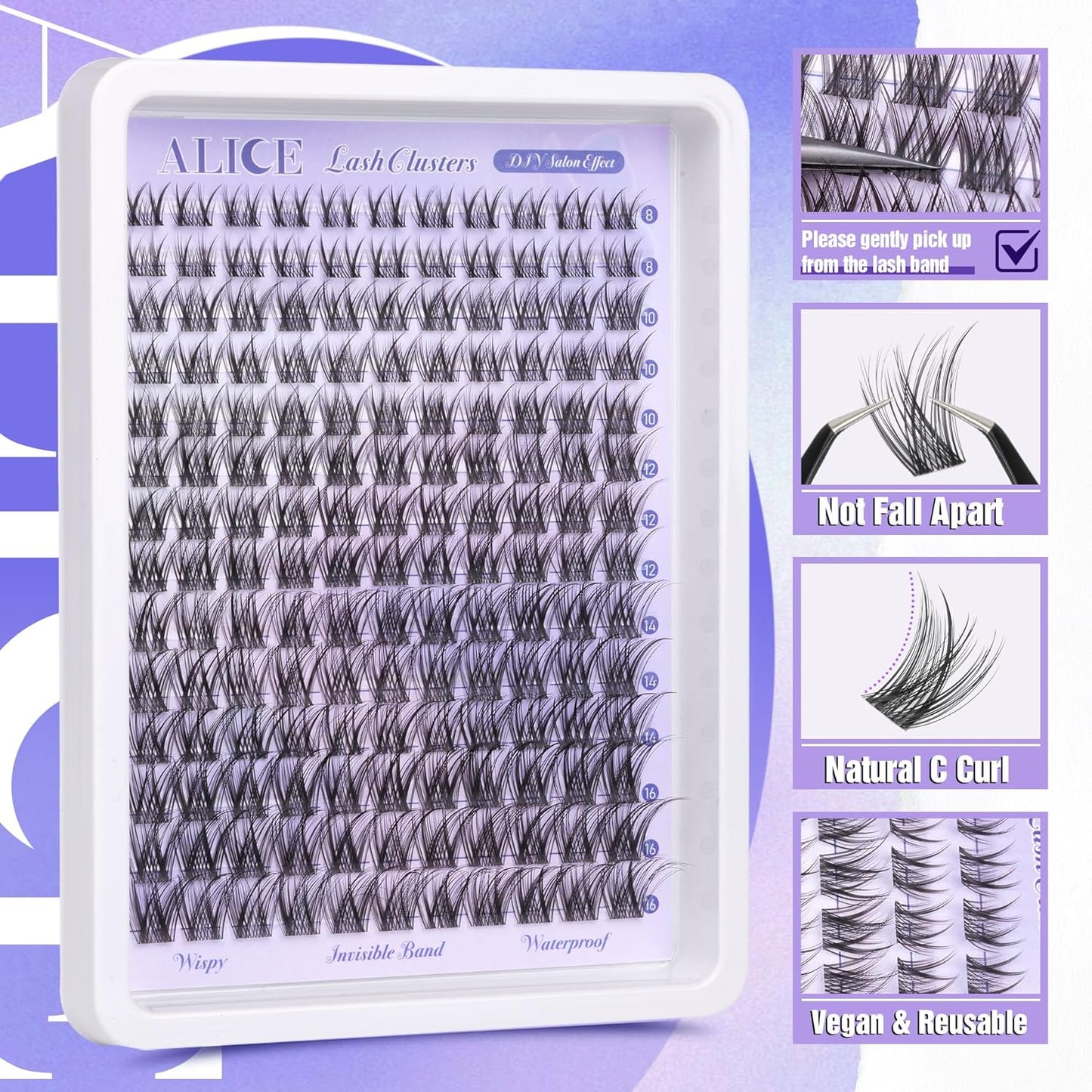 ALICE DIY Eyelash Extension Kit | 196pcs Natural Wispy Clusters | 10-18mm