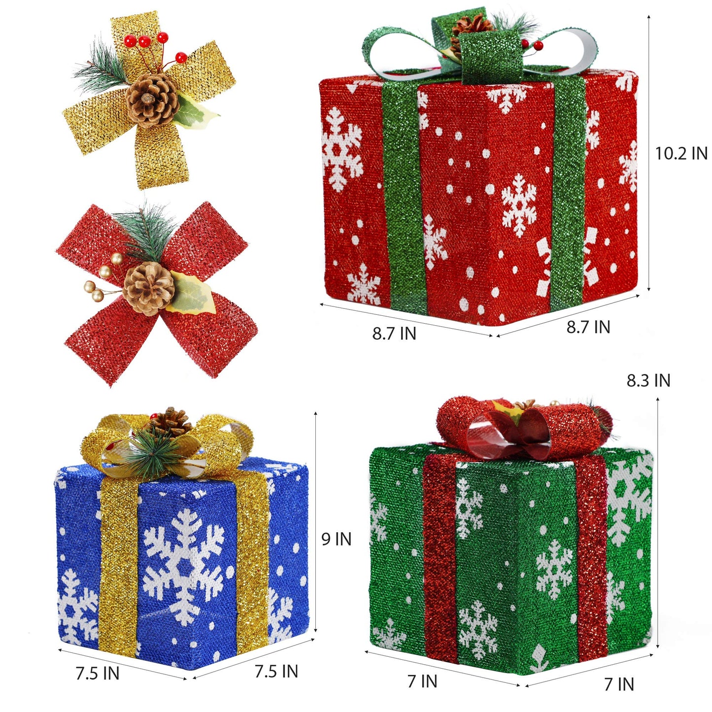 ATDAWN Set of 3 Lighted Gift Boxes Christmas Decorations, Snowflake Present Boxes, Christmas Home Gift Box Decorations