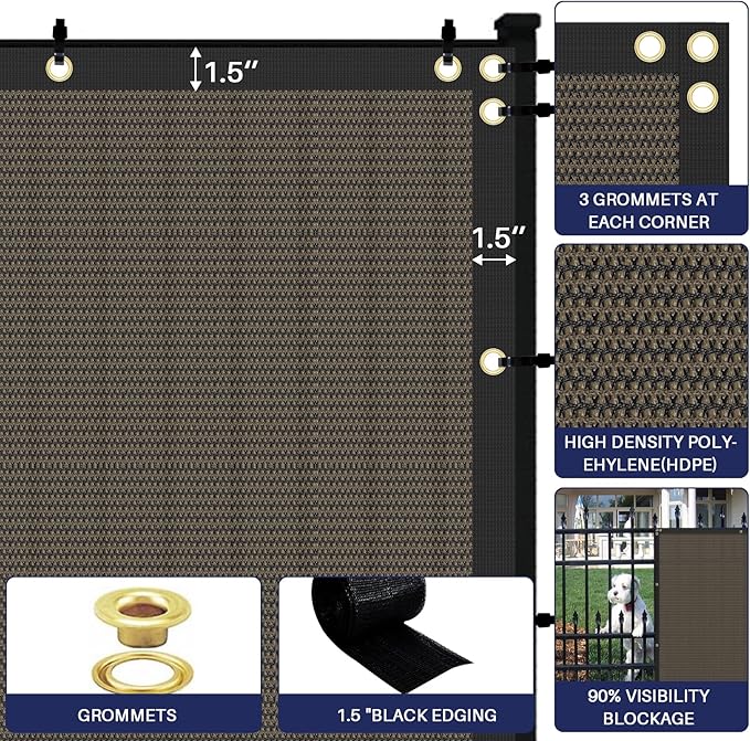 Windscreen4less Privacy Fence Screen Heavy Duty Windscreen Fencing Mesh Fabric Shade Net Cover with Brass Grommtes for Outdoor Wall Garden Yard Pool Deck, 8'x155' Brown