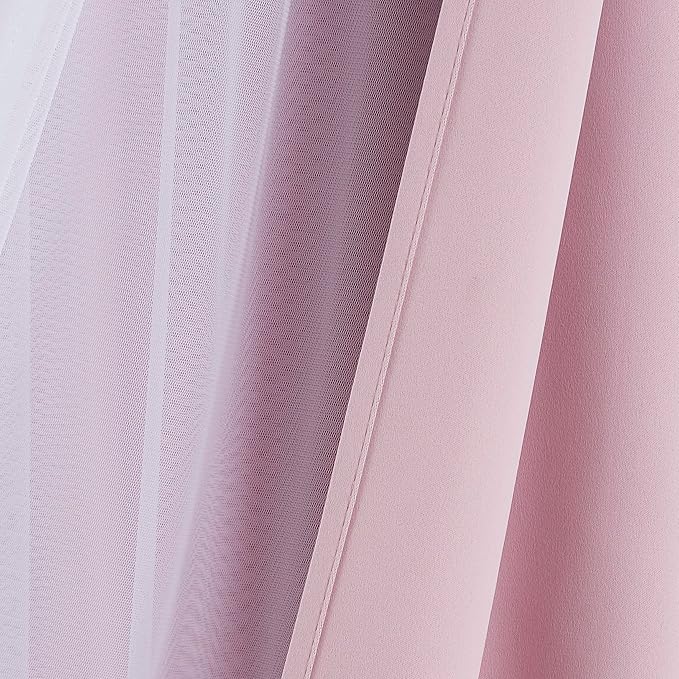 Bujasso Pink Blackout Curtains with Sheer Overlay Mix and Match Double Layer 80% Room Darkening Window Treatment Set for Girls Bedroom Living Room Pink Drapes with Tiebacks Grommet Top 54" Wx63 Lx2