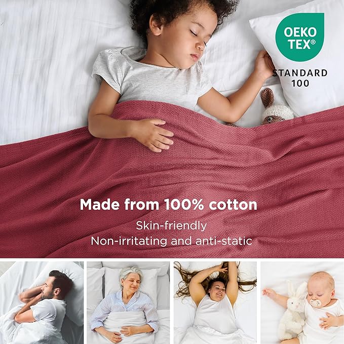 Bedsure 100% Cotton Blanket King Size for Bed - Breathable and Lightweight, Soft Cozy Textured Herringbone Woven Blanket for Summer Spring, Dark Red, 108x90 inches